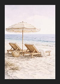 Relaxing beach scene with sun loungers by the sea.-5