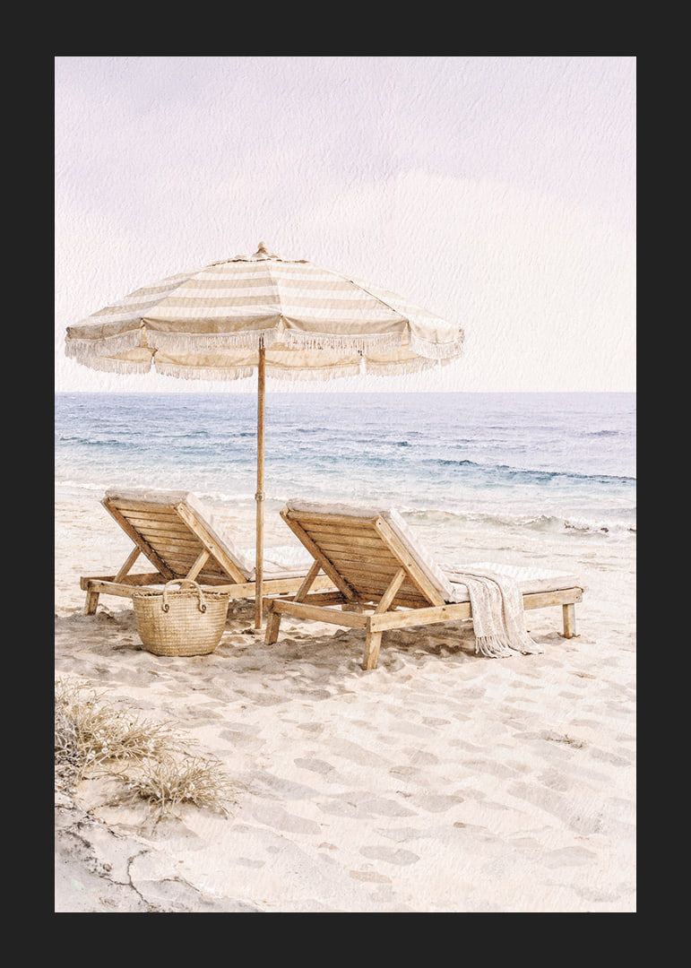 Relaxing beach scene with sun loungers by the sea.-12