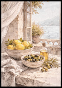 Vedere liniștită a lămâilor și măslinelor lângă o mare însorită.-6