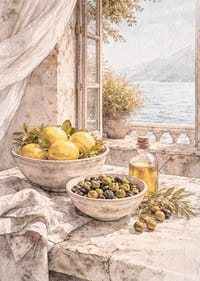 Vedere liniștită a lămâilor și măslinelor lângă o mare însorită.-7