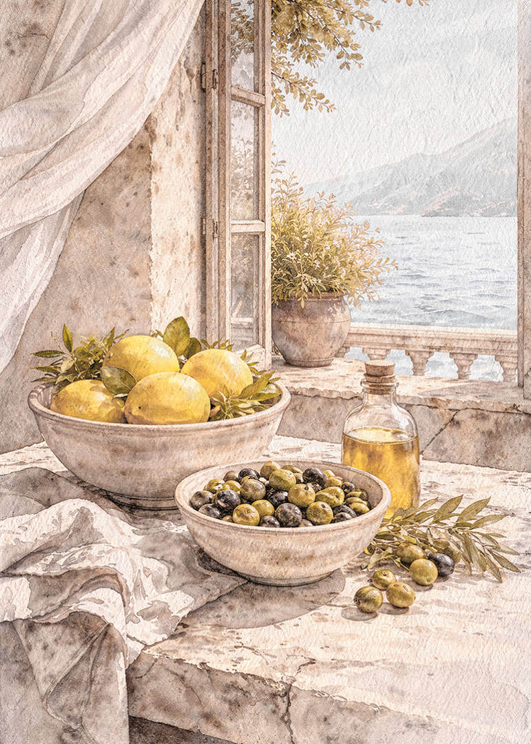 Vedere liniștită a lămâilor și măslinelor lângă o mare însorită.-12