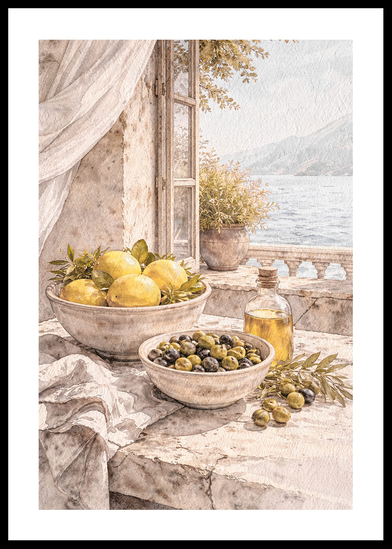 Vedere liniștită a lămâilor și măslinelor lângă o mare însorită.-12