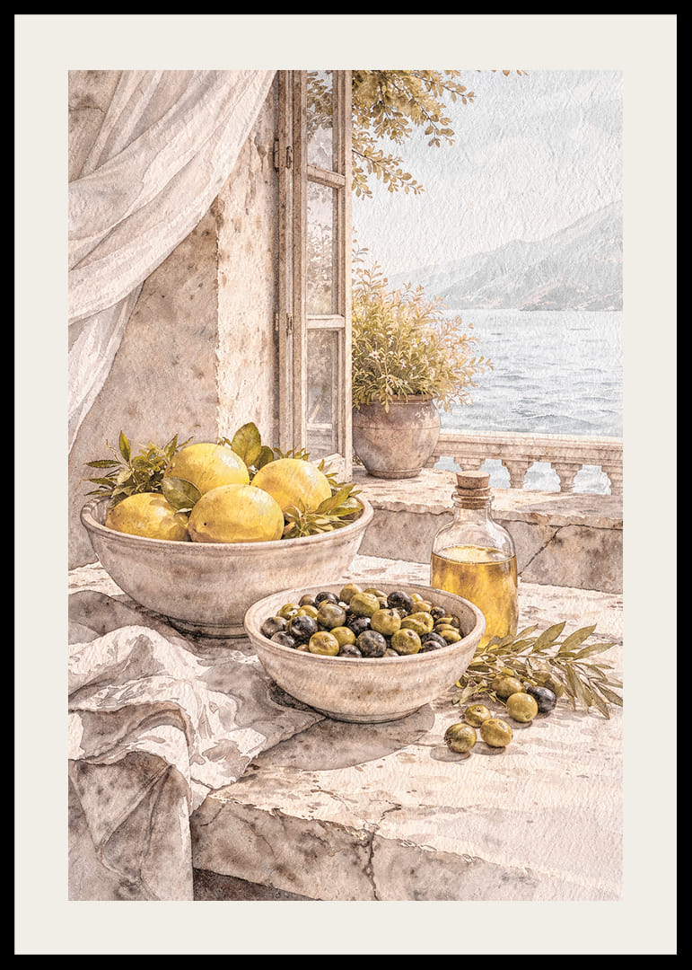 Vedere liniștită a lămâilor și măslinelor lângă o mare însorită.-12