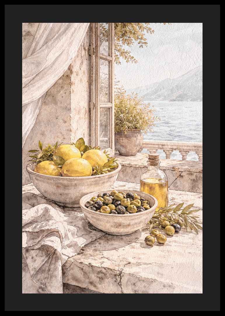 Vedere liniștită a lămâilor și măslinelor lângă o mare însorită.-12