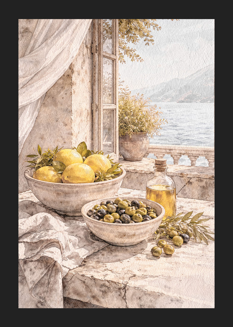 Vedere liniștită a lămâilor și măslinelor lângă o mare însorită.-12