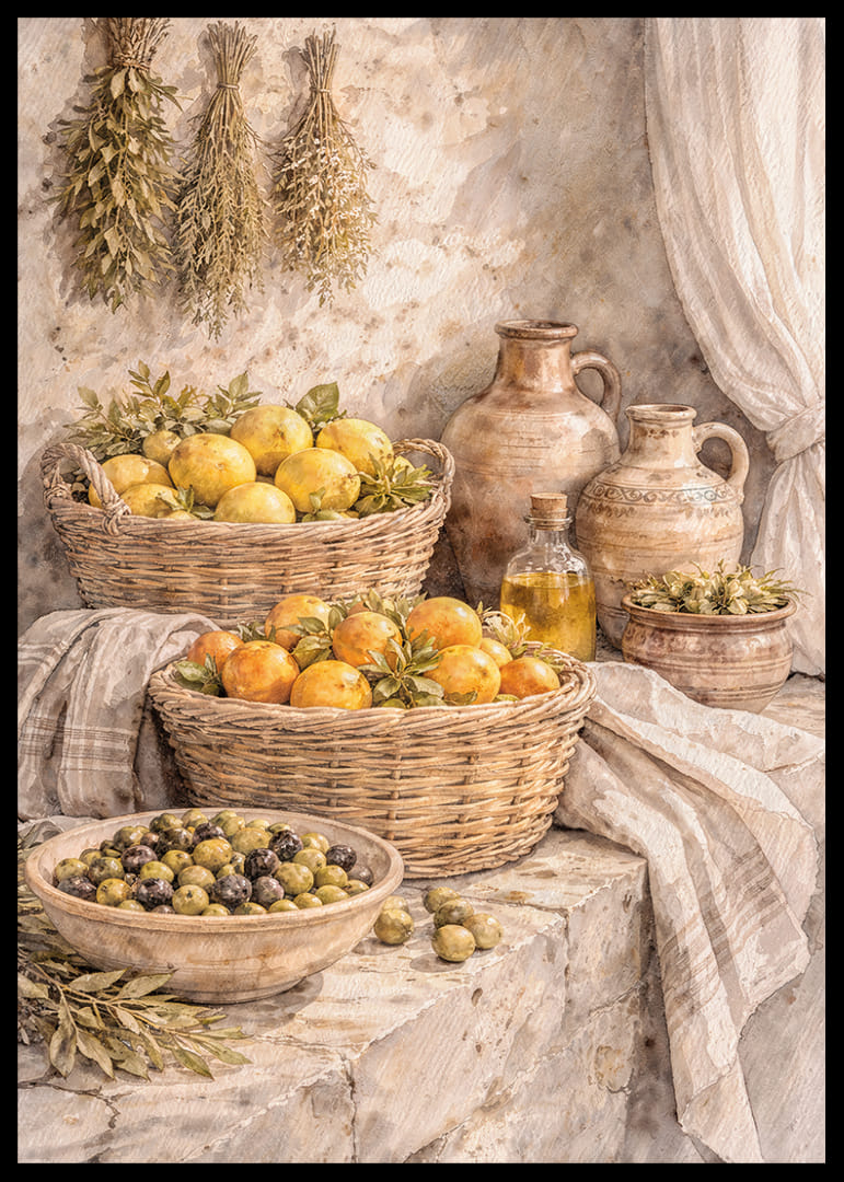 Natură statică atemporală cu fructe și ierburi într-un decor rustic.-12