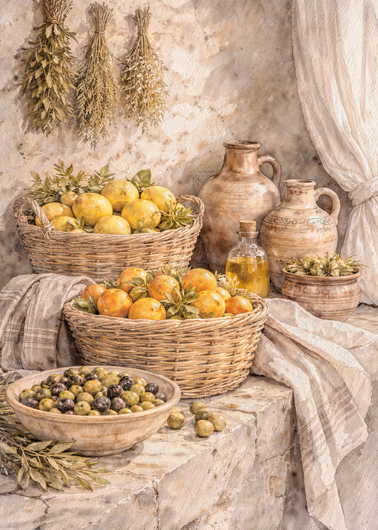 Natură statică atemporală cu fructe și ierburi într-un decor rustic.-12