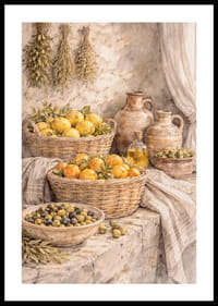 Natură statică atemporală cu fructe și ierburi într-un decor rustic.-0