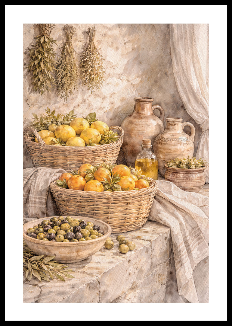 Natură statică atemporală cu fructe și ierburi într-un decor rustic.-12