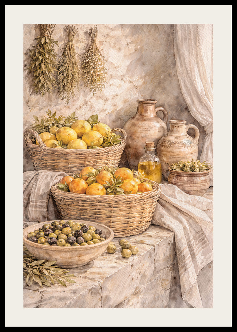 Natură statică atemporală cu fructe și ierburi într-un decor rustic.-12