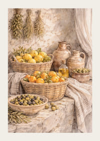 Natură statică atemporală cu fructe și ierburi într-un decor rustic.-3