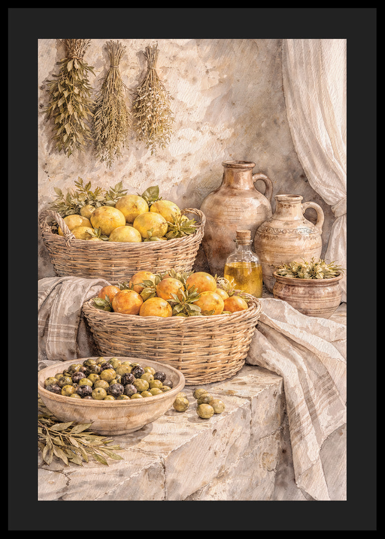 Natură statică atemporală cu fructe și ierburi într-un decor rustic.-12