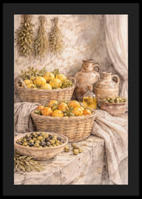 Natură statică atemporală cu fructe și ierburi într-un decor rustic.-4