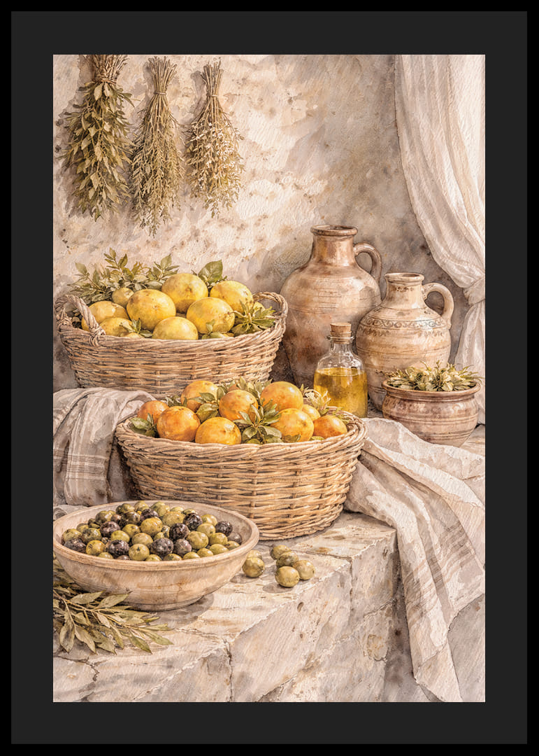 Natură statică atemporală cu fructe și ierburi într-un decor rustic.-12