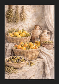 Natură statică atemporală cu fructe și ierburi într-un decor rustic.-5