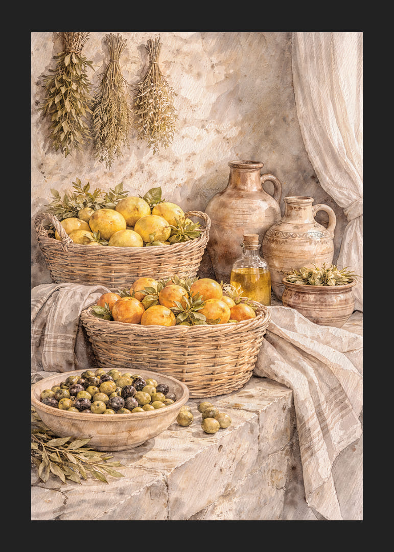 Natură statică atemporală cu fructe și ierburi într-un decor rustic.-12