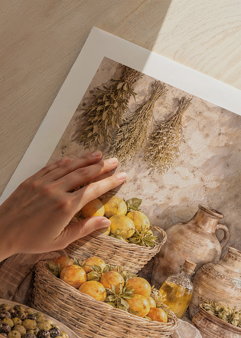Natură statică atemporală cu fructe și ierburi într-un decor rustic.-12