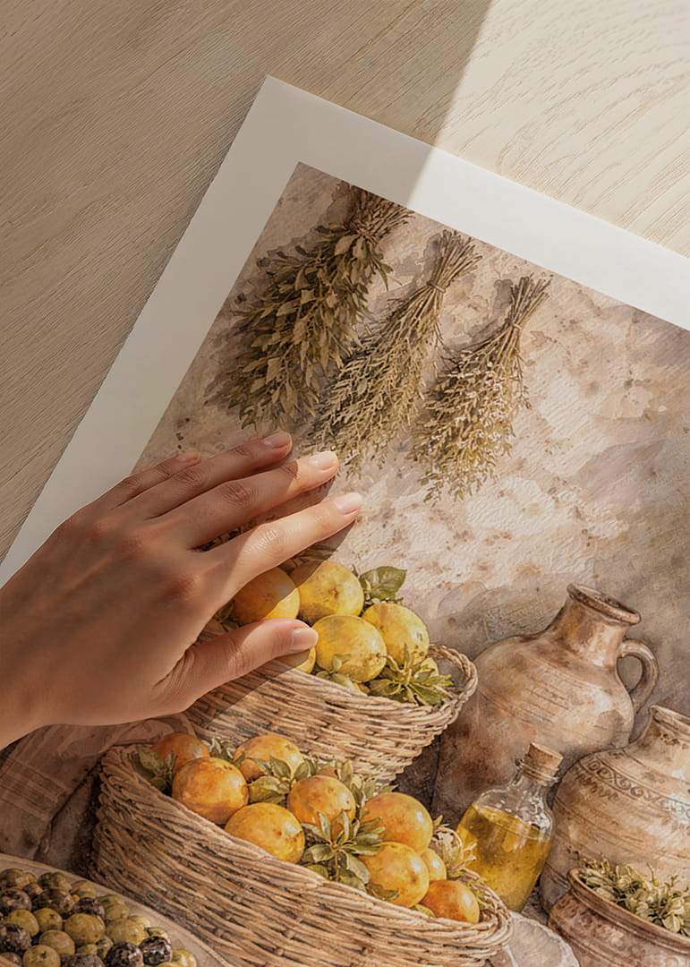 Natură statică atemporală cu fructe și ierburi într-un decor rustic.-12