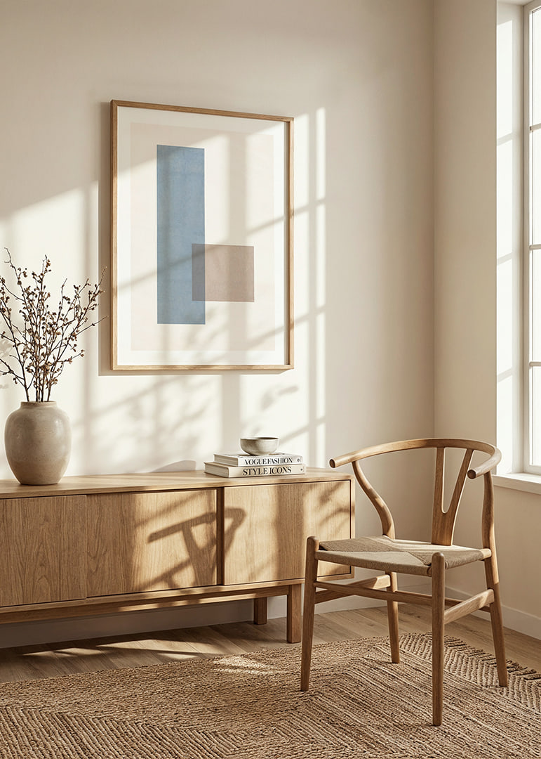 Soft harmony of blue and beige rectangles in perfect balance.-12