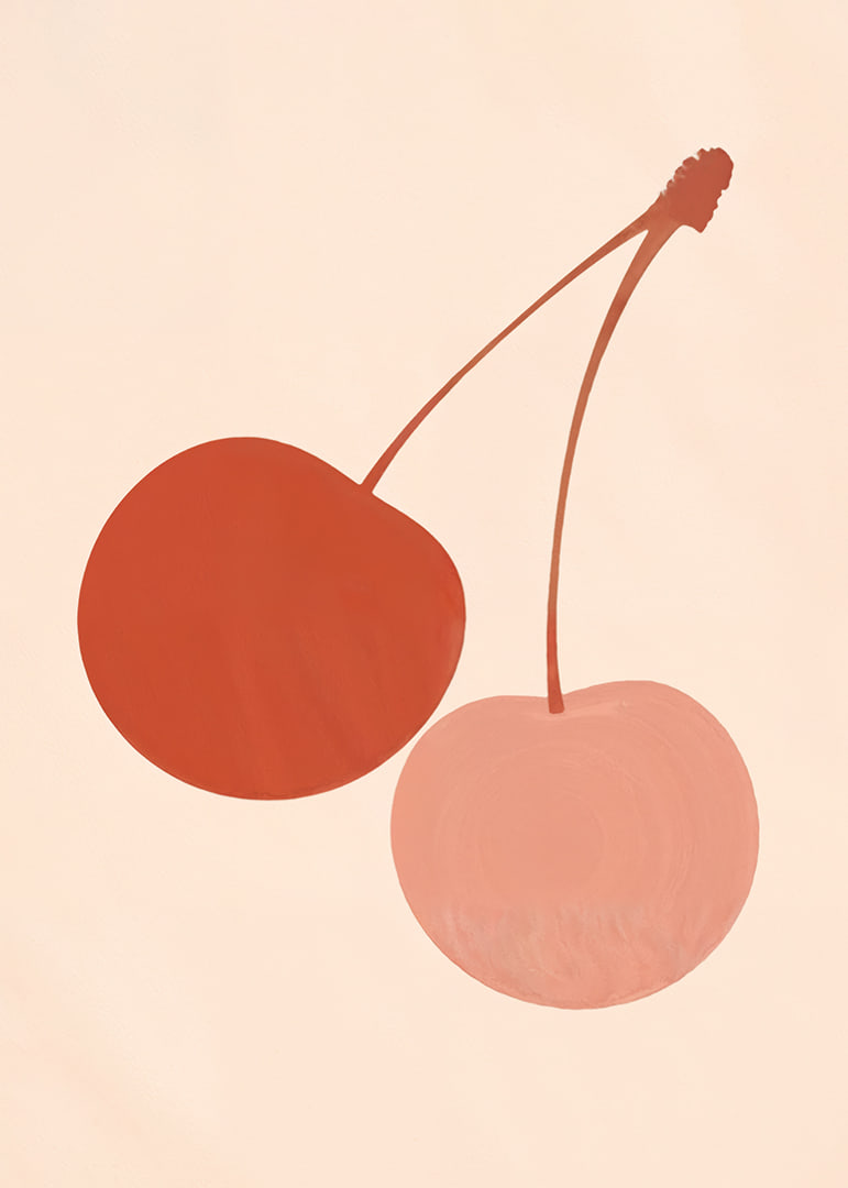 Two cherries in harmonious earth tones against a soft background.-12