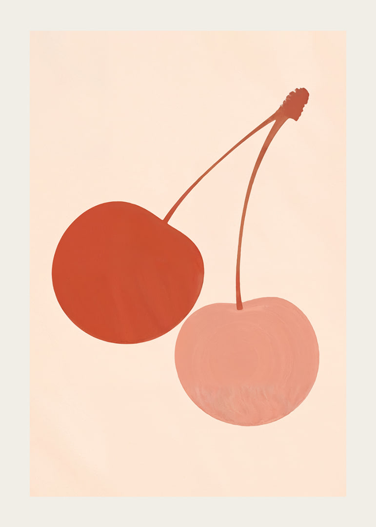 Two cherries in harmonious earth tones against a soft background.-12