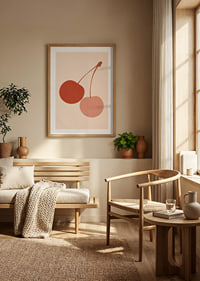 Two cherries in harmonious earth tones against a soft background.-8