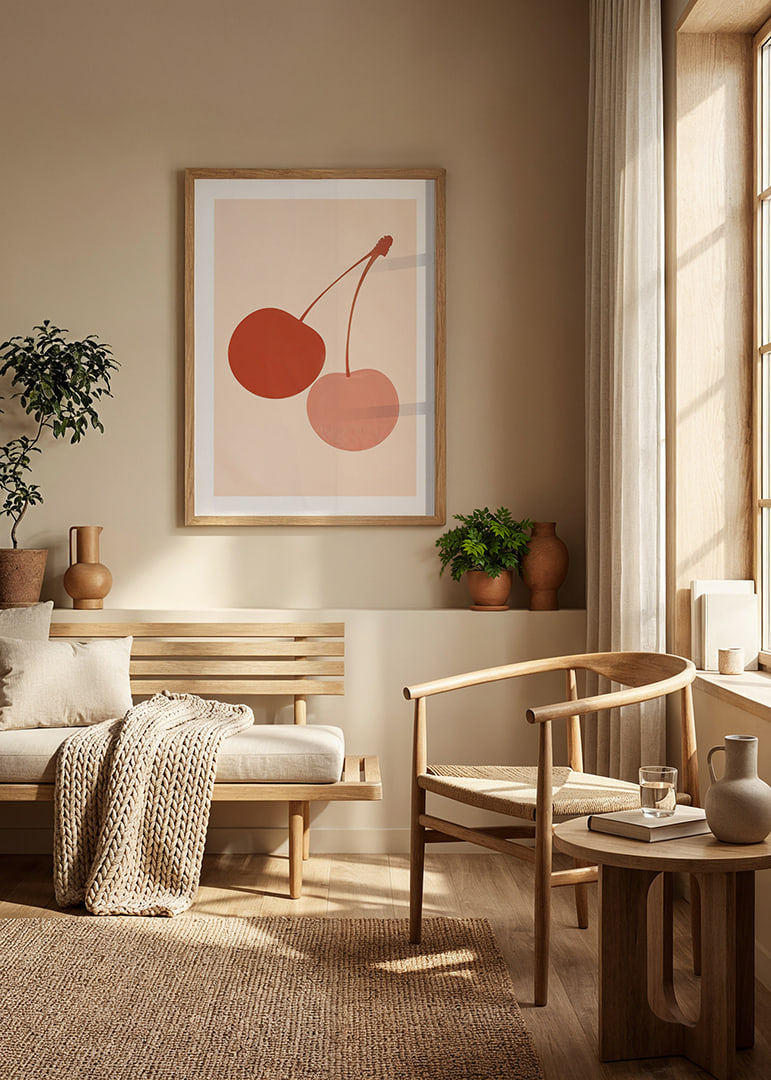 Two cherries in harmonious earth tones against a soft background.-12