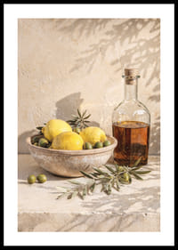 Zonovergoten citroenen met olijftakken in een rustieke, elegante setting.-0