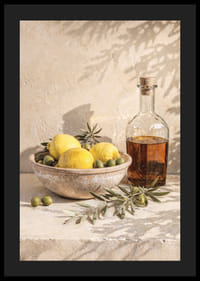 Zonovergoten citroenen met olijftakken in een rustieke, elegante setting.-4