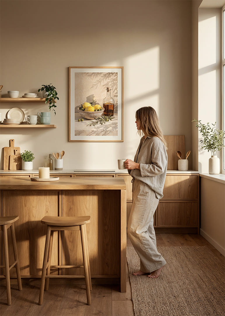 Zonovergoten citroenen met olijftakken in een rustieke, elegante setting.-12