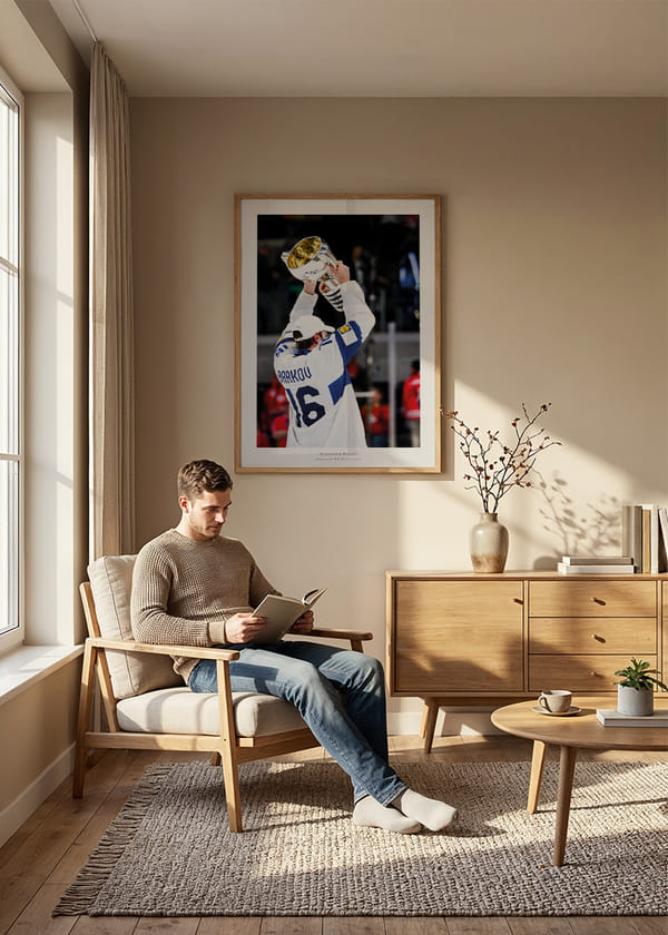 Juliste Alexander Barkov Jääkiekon MM-Kultaa 2026 Suomi crossfade