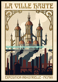 Een poster die de charme van de industrie en de schoonheid van de architectuur vastlegt.-0