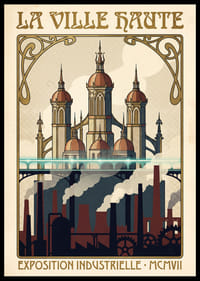 En poster som fångar industrins charm och arkitekturens skönhet.-0