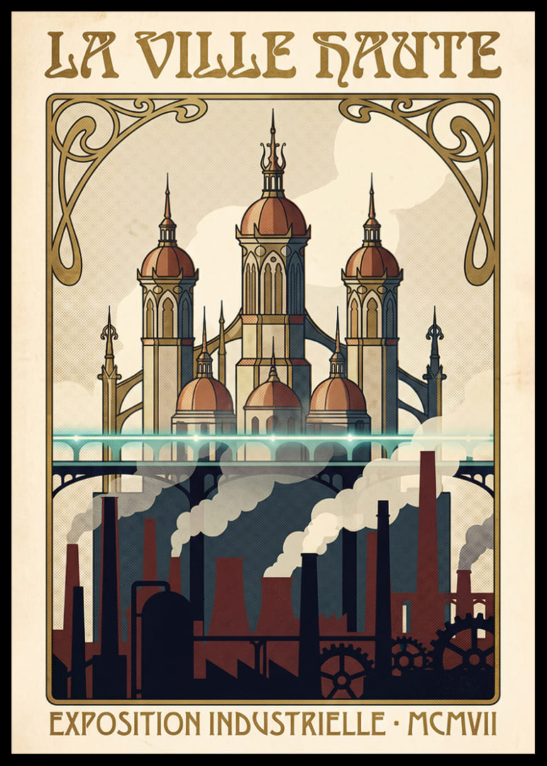 En poster som fångar industrins charm och arkitekturens skönhet.-12