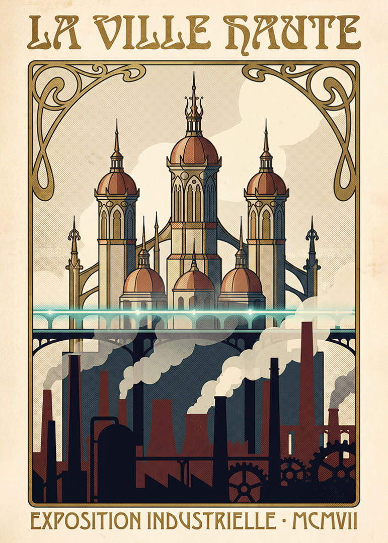 En poster som fångar industrins charm och arkitekturens skönhet.-12