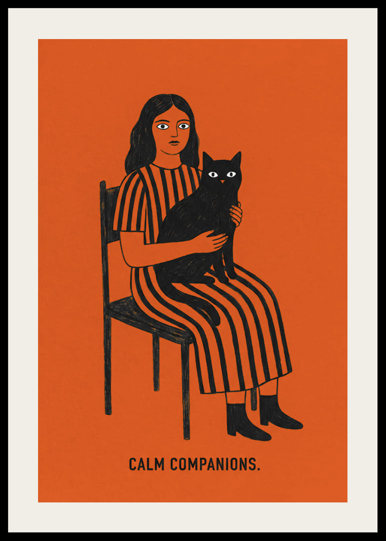 Een vrouw en een kat in vredig samenzijn tegen een warme oranje achtergrond.-12