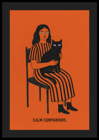 Een vrouw en een kat in vredig samenzijn tegen een warme oranje achtergrond.-4