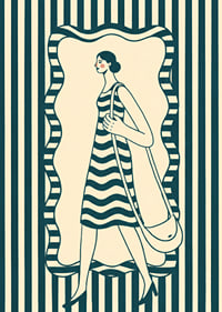 A woman in a striped dress walks through an elegant pattern.-1