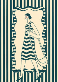 Una mujer con un vestido de rayas camina a través de un elegante estampado.-1