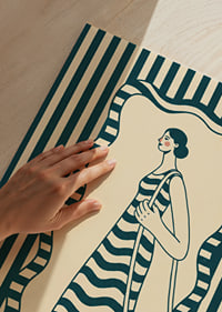 A woman in a striped dress walks through an elegant pattern.-3