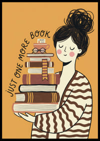 Charming illustration of book lover with stacks of books.-6