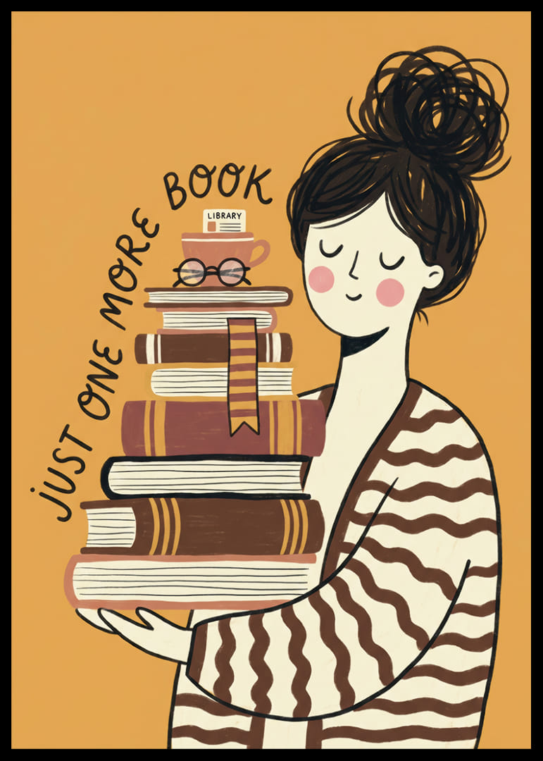 Charming illustration of book lover with stacks of books.-12