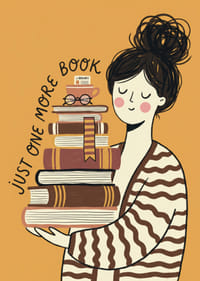 Charming illustration of book lover with stacks of books.-7