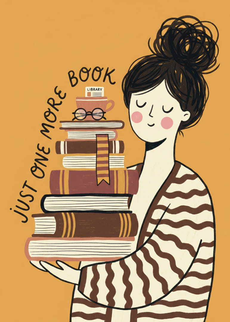 Charming illustration of book lover with stacks of books.-12