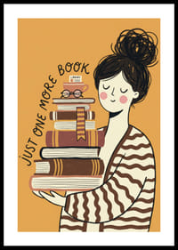 Charming illustration of book lover with stacks of books.-0
