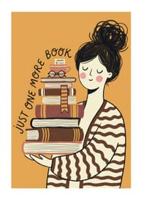 Charming illustration of book lover with stacks of books.-1