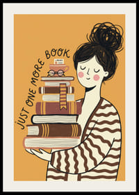 Charming illustration of book lover with stacks of books.-2