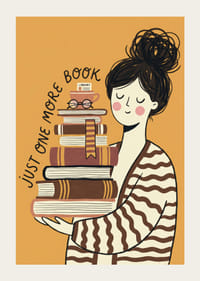 Charming illustration of book lover with stacks of books.-3
