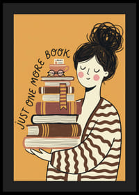 Charming illustration of book lover with stacks of books.-4
