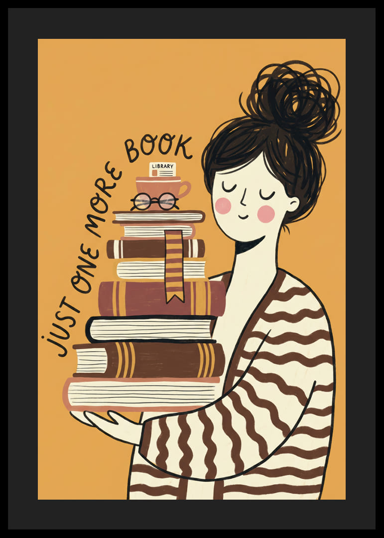 Charming illustration of book lover with stacks of books.-12